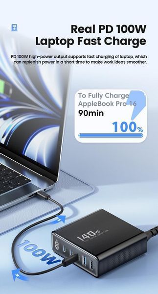 USB зарядное устройство для хаб 5в1 Toocki 140W GaN (3*USB Type-C, 2*USB Type-A, быстрая зарядка, LED дисплей) 120102 фото