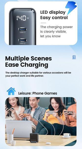 USB зарядное устройство для хаб 5в1 Toocki 140W GaN (3*USB Type-C, 2*USB Type-A, быстрая зарядка, LED дисплей) 120102 фото