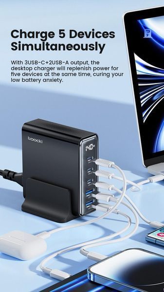 USB зарядное устройство для хаб 5в1 Toocki 140W GaN (3*USB Type-C, 2*USB Type-A, быстрая зарядка, LED дисплей) 120102 фото