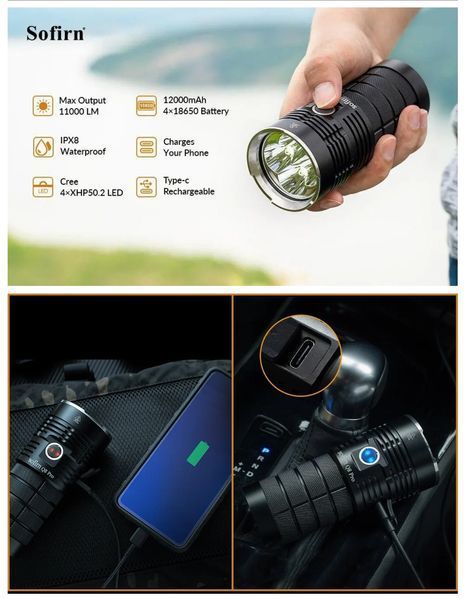 Мощный аккумуляторный ручной фонарь Sofirn Q8 Pro (4*XHP50.2 Anduril 2 UI Torch, 11000 люмен, 6000-6500К, 400м 040104 фото