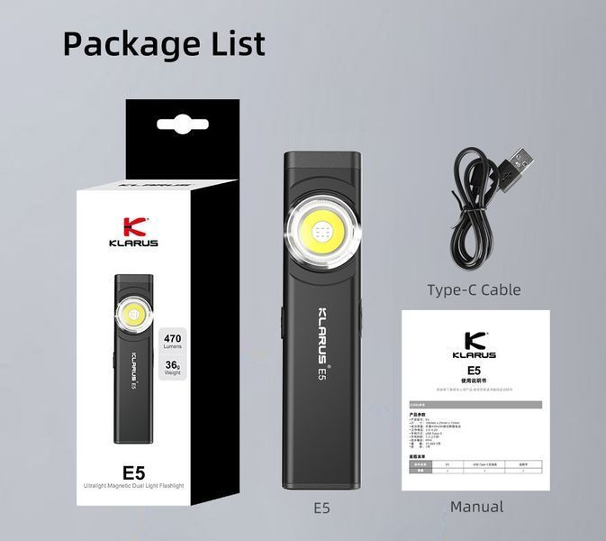 Магнітний кишеньковий EDC ліхтарик із кліпсою Klarus E5 Black (600Лм, 30м, 450мАг) 170301.5 фото
