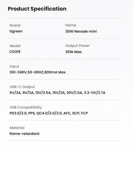 Мережевий зарядний пристрій UGREEN Nexode mini 30W GaN USB-C Fast Charger Grey CD319 100809 фото