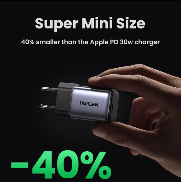 Мережевий зарядний пристрій UGREEN Nexode mini 30W GaN USB-C Fast Charger Grey CD319 100809 фото