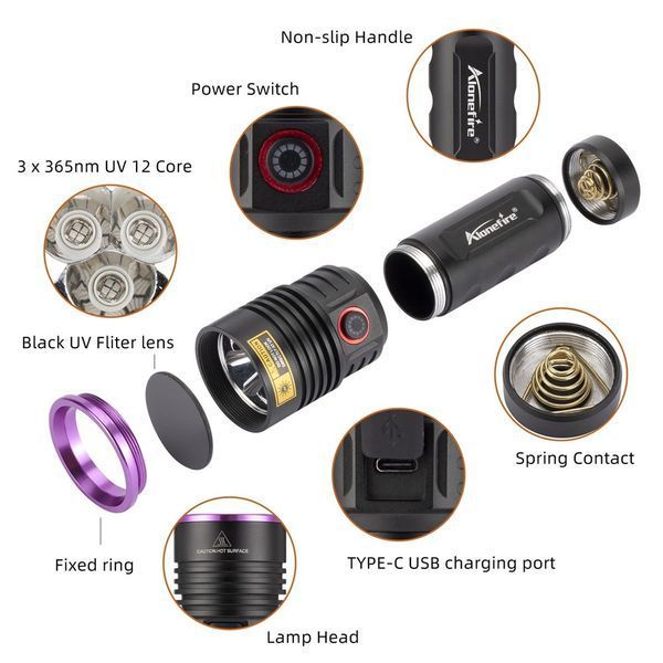 Потужний ультрафіолетовий ручний ліхтар 3х365нм 60Вт (1*26650, USB Type-C) 150104.3 фото
