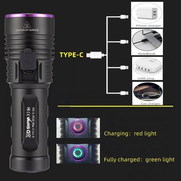 Потужний ультрафіолетовий ручний ліхтар 3х395нм 60Вт (1*26650, USB Type-C) 150104.4 фото