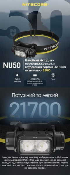 Налобний ліхтар з датчиком наближення Nitecore NU50 (USB Type-C, 1400 Люмен, 130м) 010215 фото