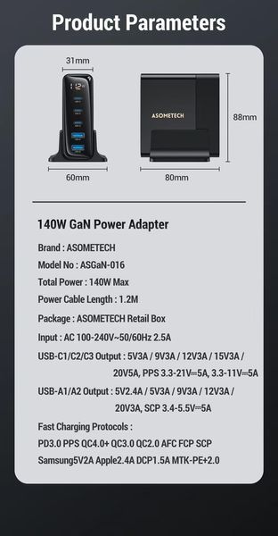 Настольное USB зарядное устройство хаб 5в1 ASOMETECH 140W GaN (3*USB Type-C, 2*USB Type-A, QC, LED дисплей) 120102.1 фото