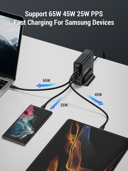 Настольное USB зарядное устройство хаб 5в1 ASOMETECH 140W GaN (3*USB Type-C, 2*USB Type-A, QC, LED дисплей) 120102.1 фото