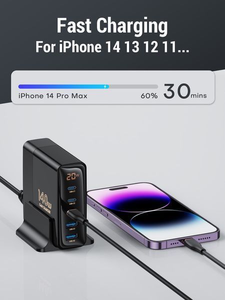 Настольное USB зарядное устройство хаб 5в1 ASOMETECH 140W GaN (3*USB Type-C, 2*USB Type-A, QC, LED дисплей) 120102.1 фото