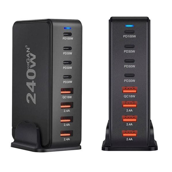 Настільний USB зарядний пристрій хаб 8в1 240W GaN Black (4*USB Type-C, 4*USB Type-A, швидка зарядка) 120101 фото