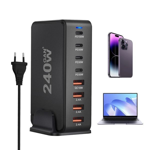 Настільний USB зарядний пристрій хаб 8в1 240W GaN Black (4*USB Type-C, 4*USB Type-A, швидка зарядка) 120101 фото