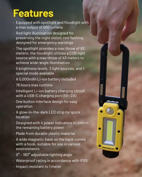Ліхтар універсальний з магнітним кріпленням Nitecore NWL20 (600 люмен, 7 режимів, АКБ 21700)