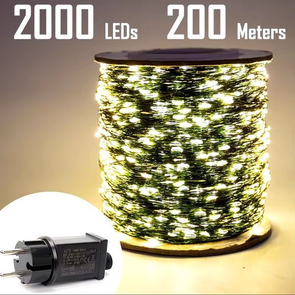 Гірлянда роса 200м 2000LED водостійка (IP44) тепле біле світло, зелена основа 130107.1 фото