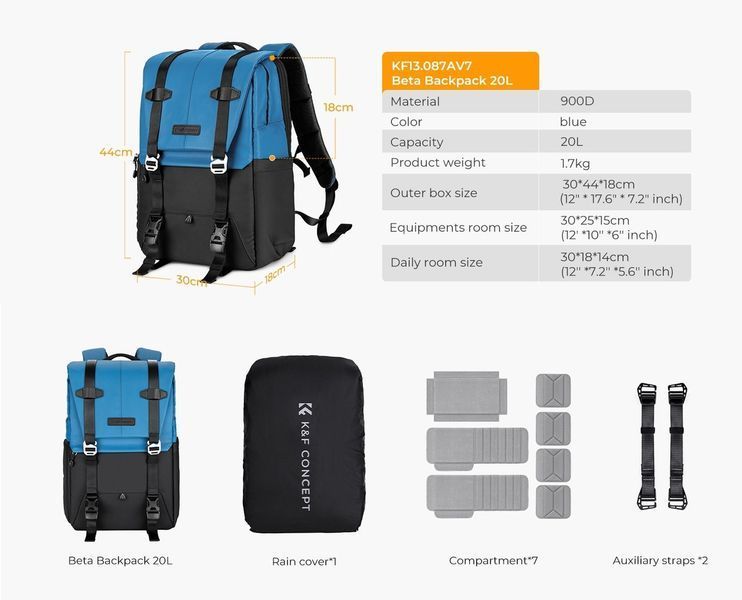 Профессиональный рюкзак для камеры, штатива, ноутбука K&F Concept 20 л Urban Wander 01 (синий) (KF13.087AV7) KF13.087AV7 фото