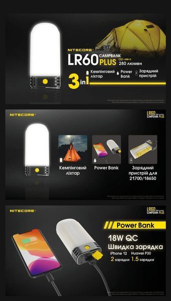 Nitecore LR60 3в1+ АКБ Nitecore 2*5000mAh - Кемпінговий ліхтар + Power Bank + зарядний пристрій 010101 фото