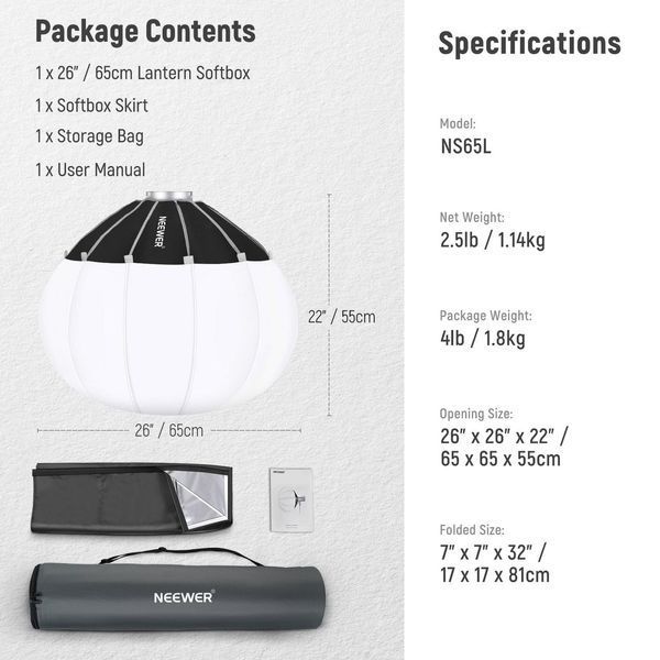 Сферичний софтбокс куля Neewer NS65L Softbox Quick Release з кріпленням Bowens діаметр 65см 10101628 фото