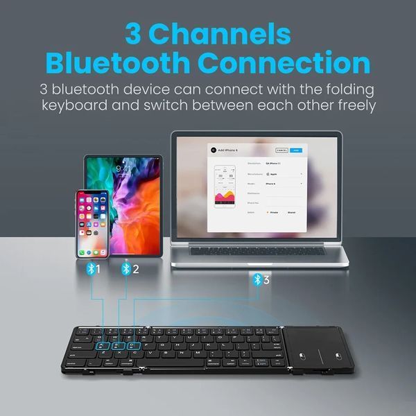 Трискладна перезаряджувана бездротова Bluetooth 5.1 клавіатура Avatto з сенсорною панеллю для Windows Phone PC (EN) + наліпки УКР