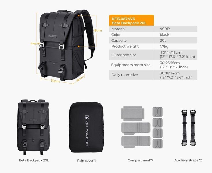 Профессиональный рюкзак для камеры, штатива, ноутбука K&F Concept 20 л Urban Wander 01 (черный) (KF13.087AV6) KF13.087AV6 фото