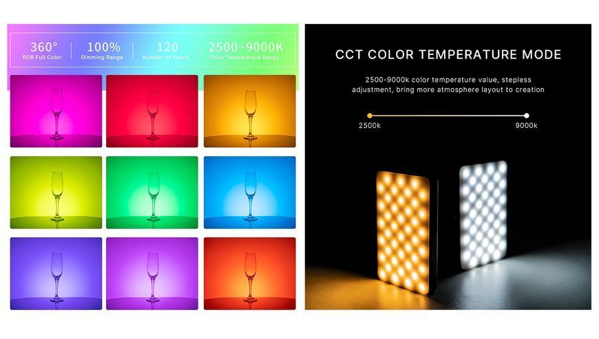 Накамерне світло світлодіодна панель ULANZI VL120 RGB Black із регулятором яскравості та 20 світлоефектами (2500-9000K, 3100мАг)