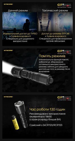 Ліхтар хамелеон з білим та інфрачервоним світлом Nitecore CI7 (7000 мВт, 940 нм, 2500 люменів, 279м, 4x SST-10-IR світлодіоди)