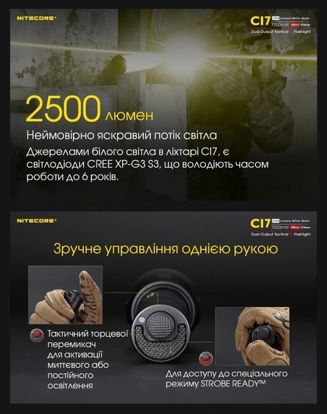 Ліхтар хамелеон з білим та інфрачервоним світлом Nitecore CI7 (7000 мВт, 940 нм, 2500 люменів, 279м, 4x SST-10-IR світлодіоди)