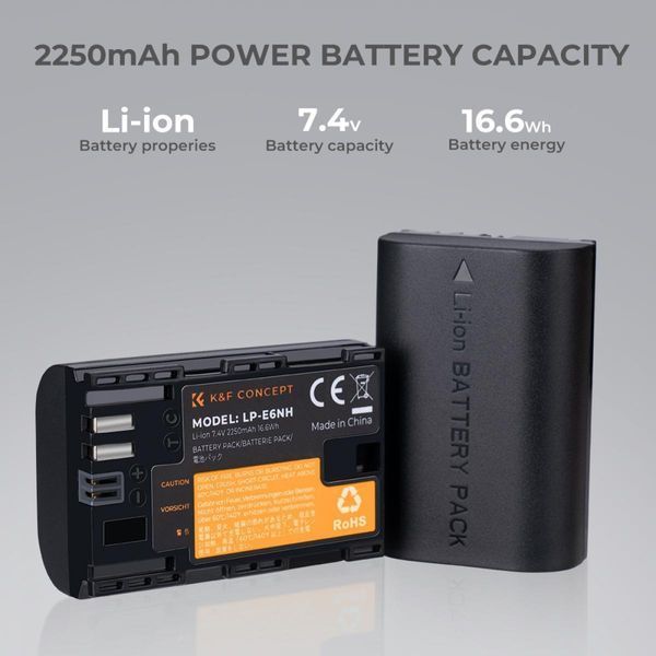 Комплект з двох акумуляторів 2250mAh і зарядного пристрою K&F Concept LP-E6NH для Canon (KF28.0021) KF28.0021 фото