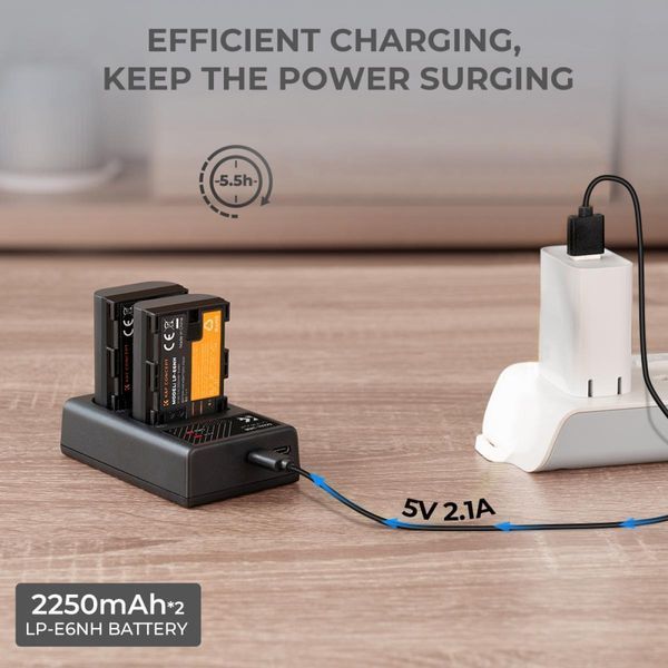 Комплект з двох акумуляторів 2250mAh і зарядного пристрою K&F Concept LP-E6NH для Canon (KF28.0021) KF28.0021 фото