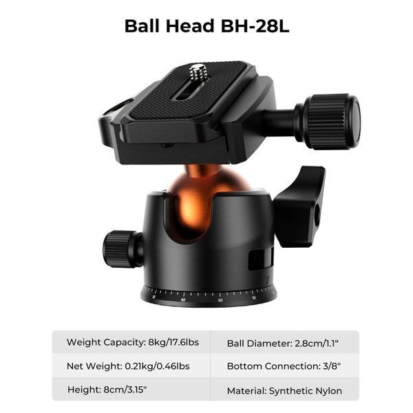 Професійний штатив для камери K&F Concept K234A0+BH-28 (висота 1,6м, вантажопідйомність 8кг) (KF09.101V1) KF09.101V1 фото