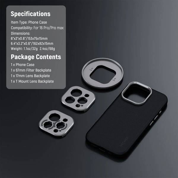 Чохол Neewer PA084P Black для iPhone 16 Pro Max з адаптерами для об'єктивів 17мм, фільтрів 67мм і Т-байонетом