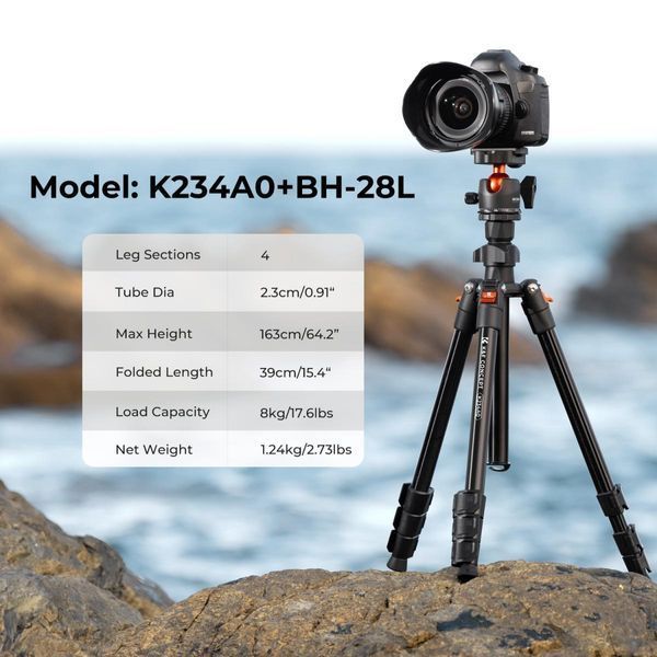 Професійний штатив для камери K&F Concept K234A0+BH-28 (висота 1,6м, вантажопідйомність 8кг) (KF09.101V1) KF09.101V1 фото