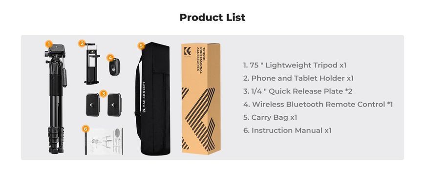 Легкий штатив K&F Concept S255A3+BV01 для фотоаппаратов, смартфонов с пультом ДУ, 1,9м, груз.4кг (KF09.126) KF09.126 фото