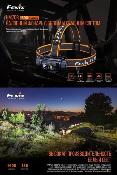 Налобный фонарь Fenix HM70R (1600Люмен, 186м, 1*21700, USB Type-C) 030201 фото