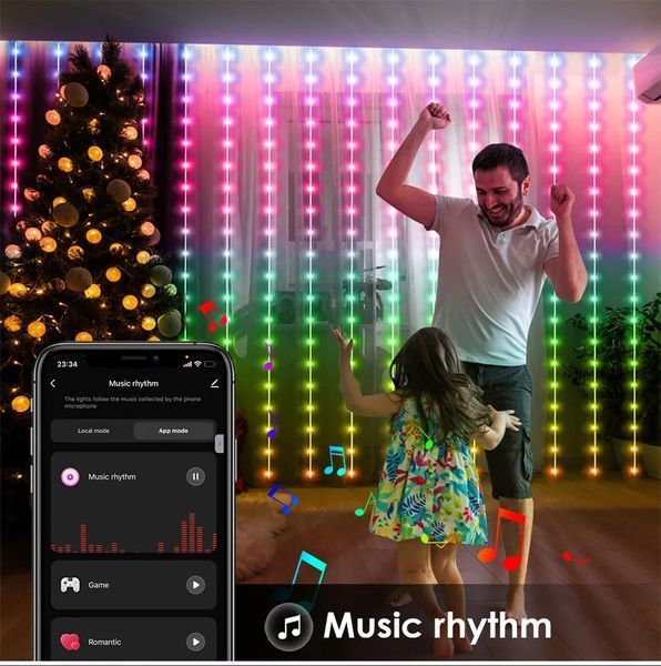 Розумна гірлянда-штора світлодіодна RGB 200LED 3*2м з пультом керування 130203 фото