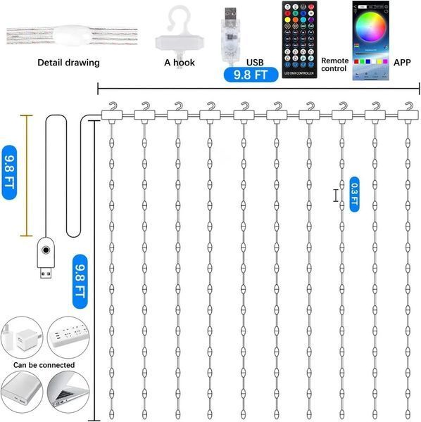 Розумна гірлянда-штора світлодіодна RGB 200LED 3*2м з пультом керування 130203 фото