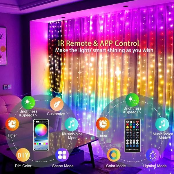 Розумна гірлянда-штора світлодіодна RGB 200LED 3*2м з пультом керування 130203 фото