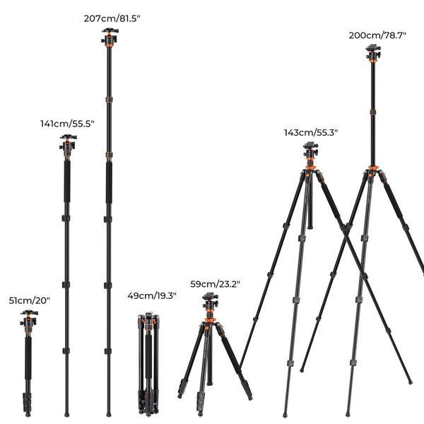 Професійний штатив для камери K&F Concept K234A7+BH-28L із центральною колоною, що обертається на 360&deg; (2м, 10кг) (KF09.087V6)