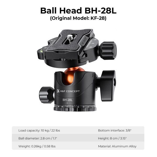 Професійний штатив для камери K&F Concept K234A7+BH-28L із центральною колоною, що обертається на 360&deg; (2м, 10кг) (KF09.087V6)
