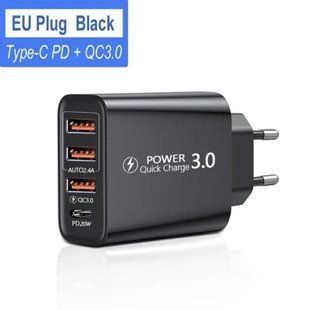 Зарядний пристрій адаптер живлення на 4 порти (3 USB Type-A, 1 USB type-C) із швидкою зарядкою Quick Charge3.0, PD Type-C 60W Blac 100812 фото