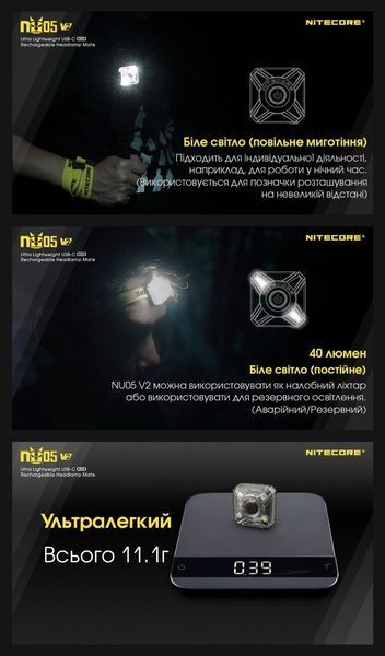 Nitecore NU05 KIT V2 (2в1) - Ліхтар налобний + велосипедний маяк
