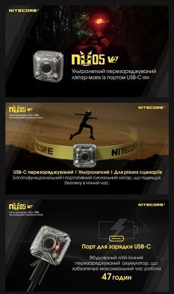 Nitecore NU05 KIT V2 (2в1) - Ліхтар налобний + велосипедний маяк