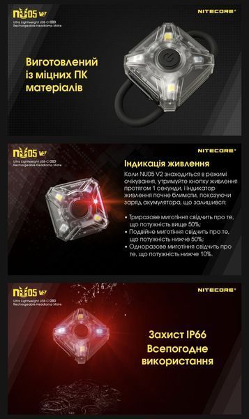 Nitecore NU05 KIT V2 (2в1) - Ліхтар налобний + велосипедний маяк