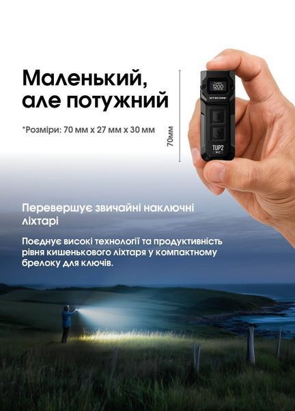 Надпотужний наключний ліхтар із OLED дисплеєм Nitecore TUP2 MCT, синій (1200лм,125м, 1300мАг)