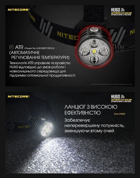 Налобний фокусуємий ліхтар Nitecore HU60 з Bluetooth-керуванням (від павербанка) 1600Лм, 162м