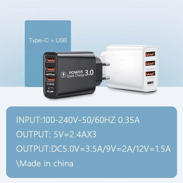Зарядний пристрій адаптер живлення на 4 порти (3 USB Type-A, 1 USB type-C) із швидкою зарядкою Quick Charge3.0, PD Type-C 60W Blac