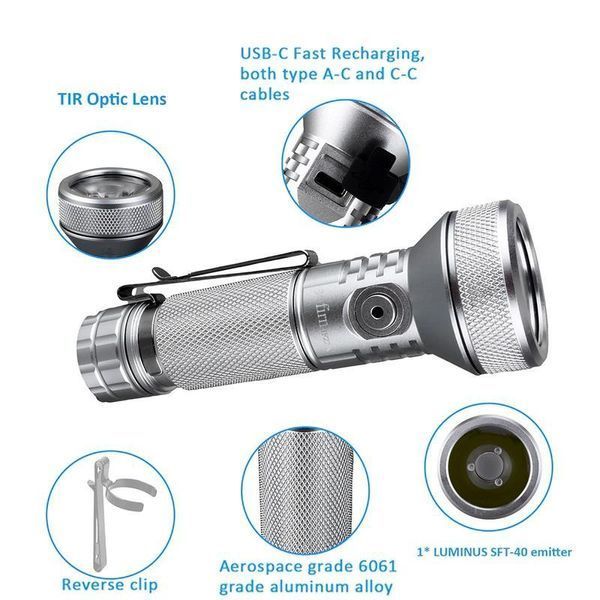 Фонарь ручной Sofirn IF22A, Silver (Luminus SFT40, 2100 люмен 1x21700, зарядка через USB, TIR-оптика) 040108 фото