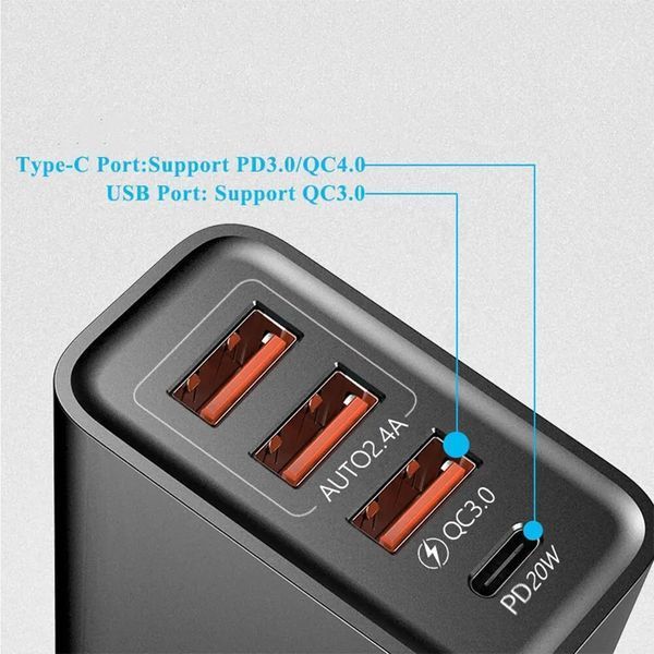 Зарядний пристрій адаптер живлення на 4 порти (3 USB Type-A, 1 USB type-C) із швидкою зарядкою Quick Charge3.0, PD Type-C 60W Blac