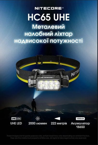 Потужний налобний ліхтар Nitecore HC65 UHE (USB Type-C, 2000Лм, 222м, 1*18650) 010218 фото