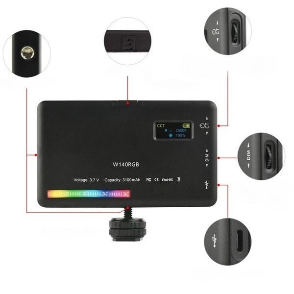 Накамерный свет светодиодная панель видеосвет W140 RGB с регулятором яркости и 20 светоэффектами (2500-9000K, 100508 фото