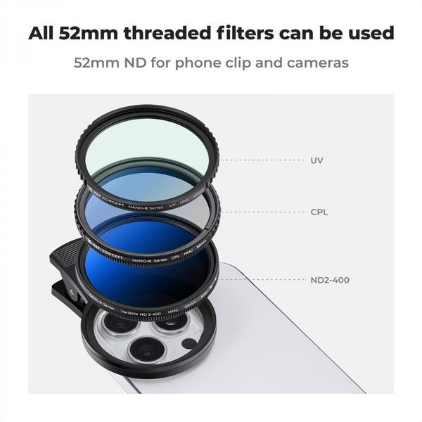 Світлофільтр K&F Concept ND2-400 Nano-K 52мм з кліпсою для iPhone зі змінною нейтральною щільністю (KF01.2639)