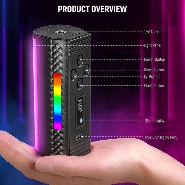 Магнітна портативна ручна лампа для зйомки NEEWER TL97C RGB 4,5Вт 11см 2500-8500К з APP управлінням 10103816 фото